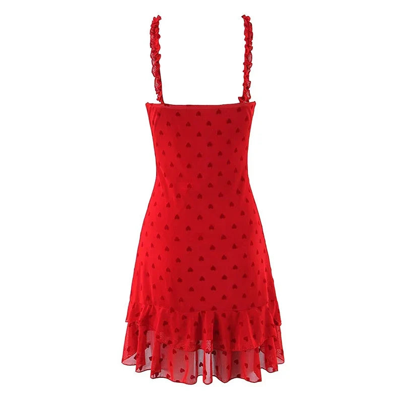 Spaghetti Straps Red Mini Dresses For Sleeveless V Neck Hem Ruffle A-line Holiday Summer Dresses