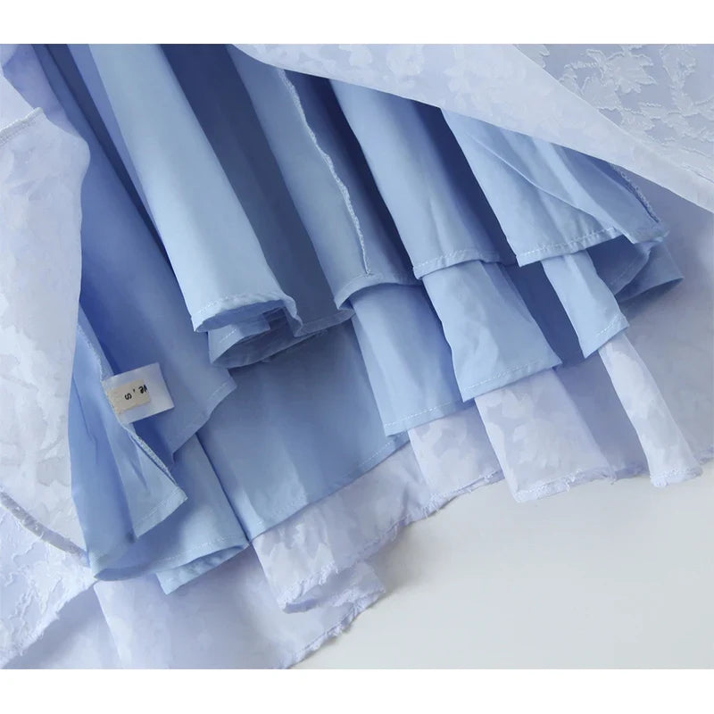 Sexy Backless Blue Jacquard Halter Holiday DressElegant A-line Midi Low Waist Summer Dresses Beach Robe