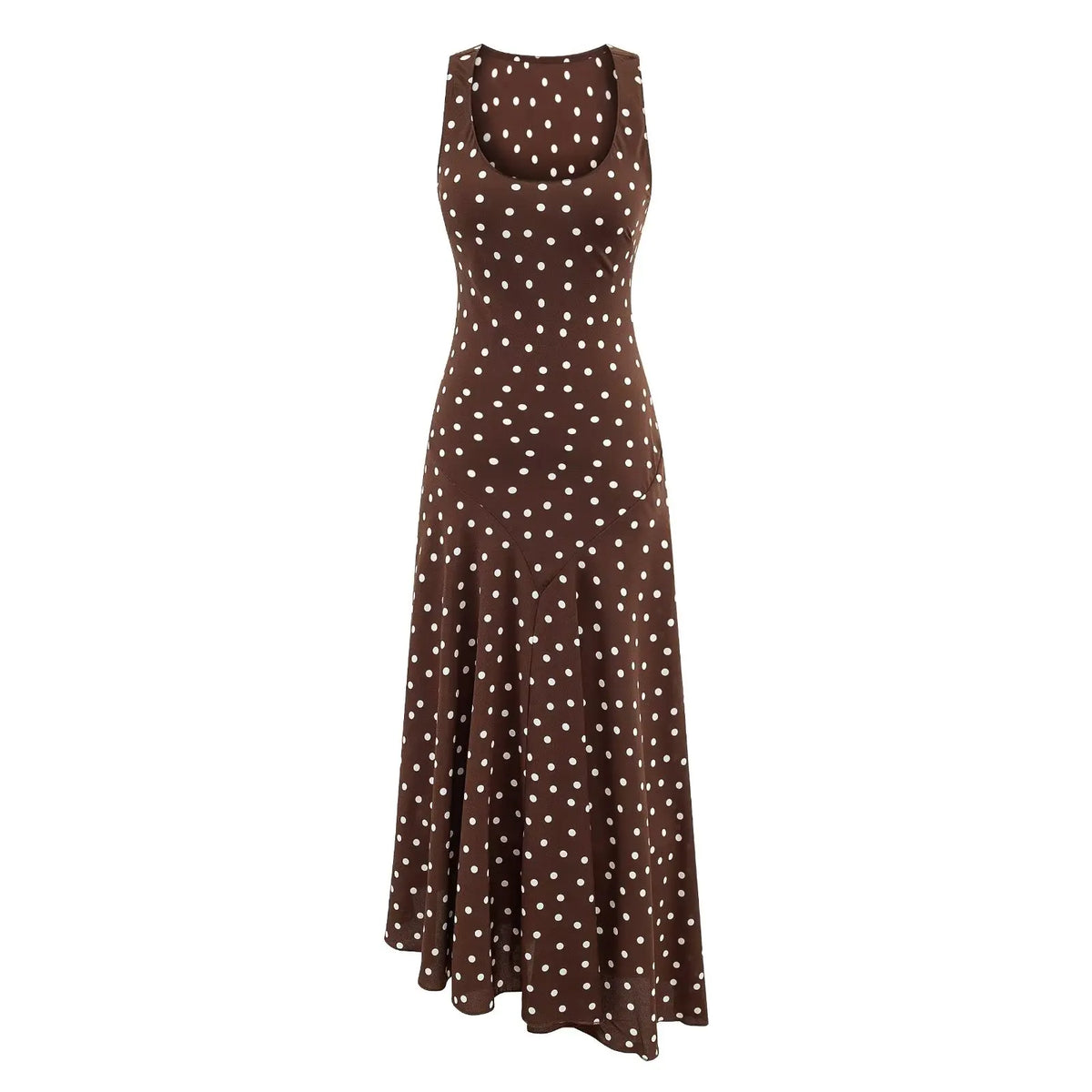 Brown Polka Dot Sleeveless Midi Dresses