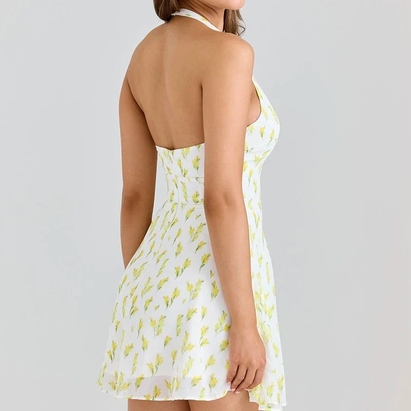 Sweet Print Halter Holiday Summer Dresses Pretty Girl Sexy Backless A-line Short Dresses
