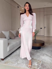 Elegant V Neck Puff Sleeve Maxi Dresses