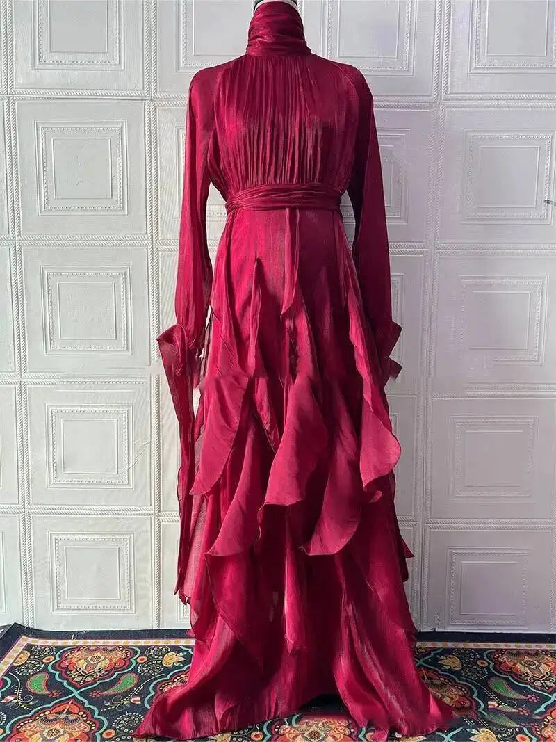 early autumn turtleneck full sleeves shinny ruffles pullover Arabic styles floor length vacation Dresses