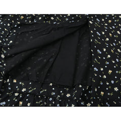 Black Floral Print Square Neck Puff Sleeve A-line Midi Dresses Sexy Slit Casual Summer Vacation Vestidos