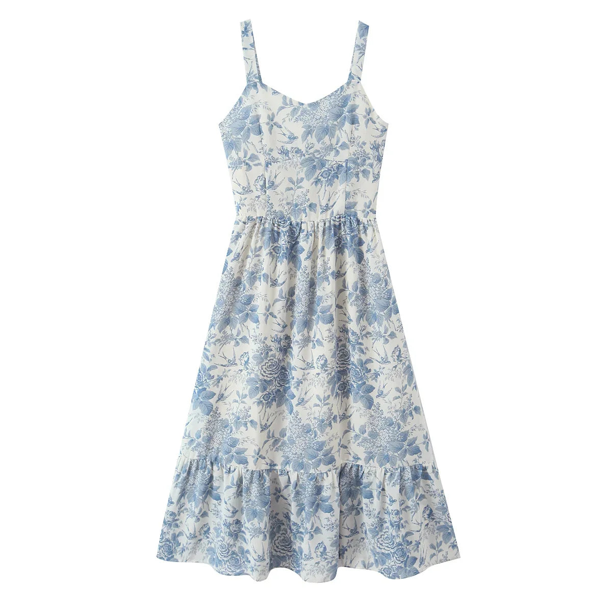 Summer Sexy Sling Floral Print Casual Holiday Dresses Chic Lady A-line Midi Big Swing Vestidos