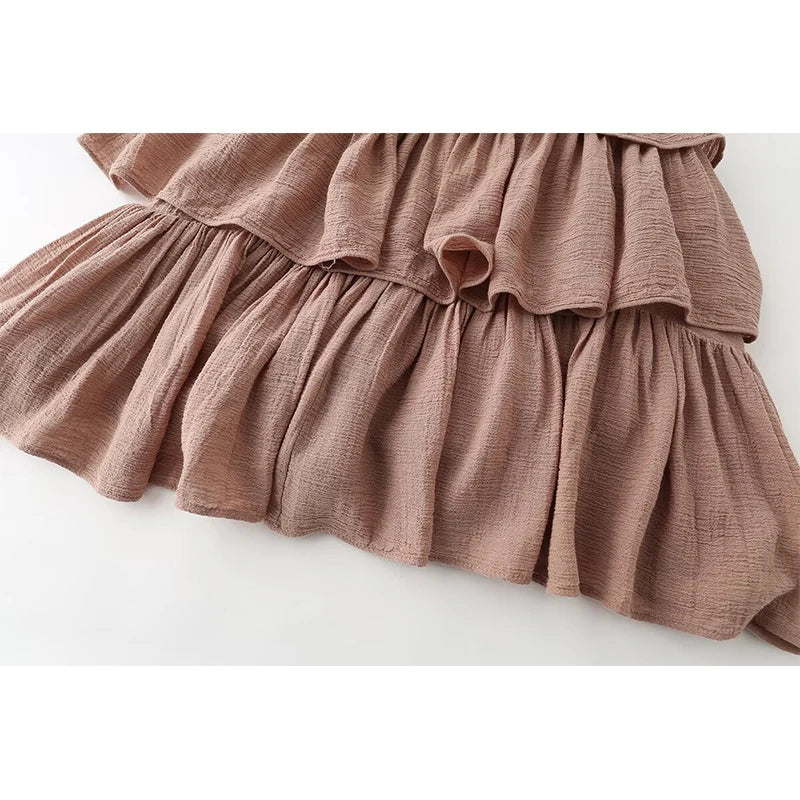 Brown Halter V-Neck Tiered Ruffle Mini Dresses