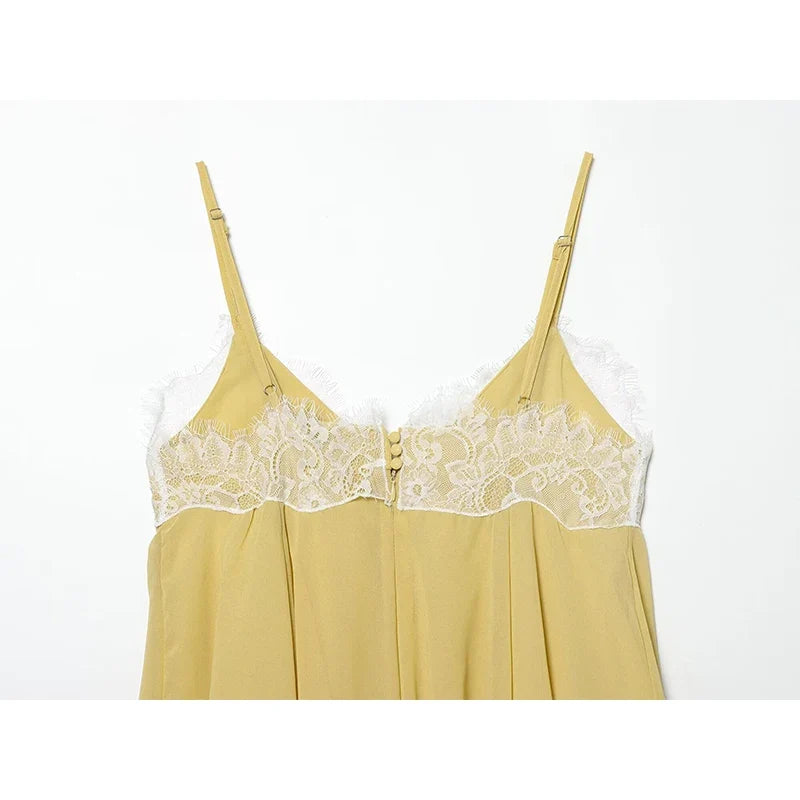 Light Yellow Lace Trim Sling Dresses