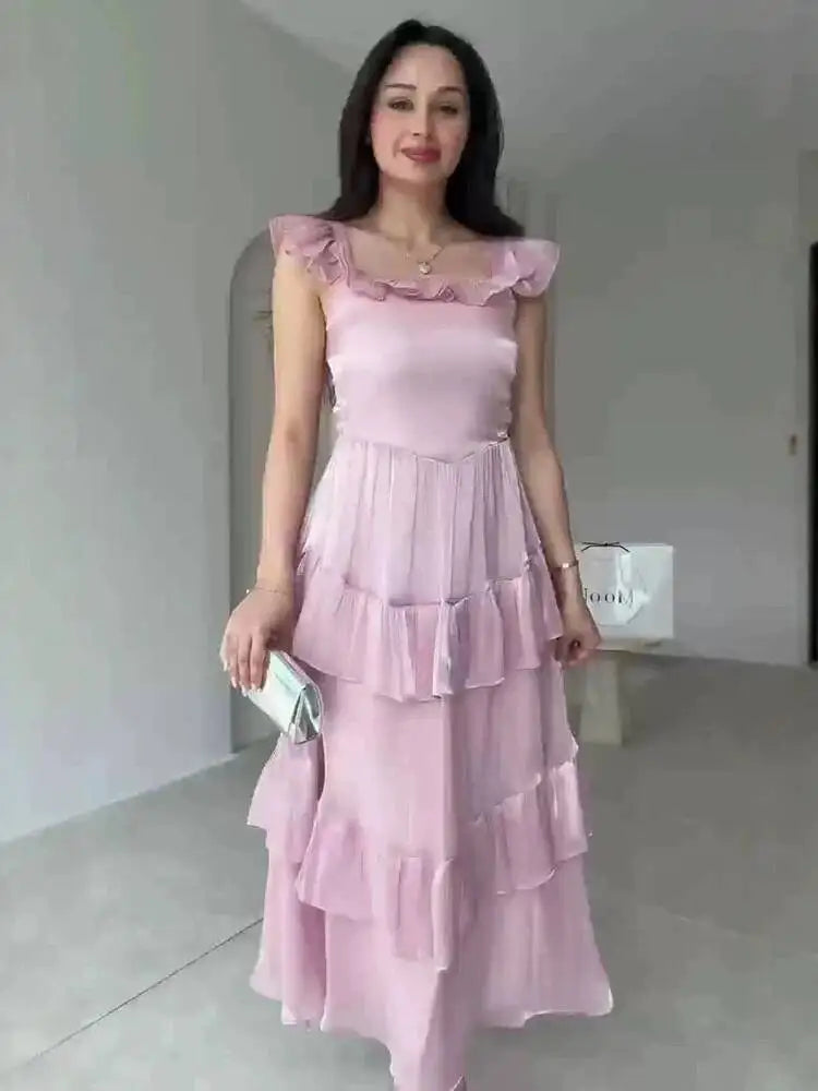 Sweet Square Neck Sleeveless Ruffle Edge Layered Spliced Waist Cinching Dresses