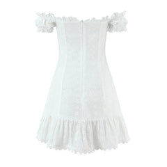 Front Lace Up Floral Embroidery White Sexy Off Shoulder Dresses