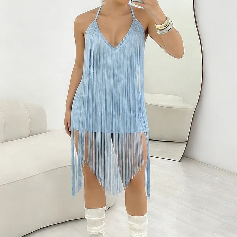 Hot Girl V-neck Sleeveless Tassel Cocktail Party Dresses