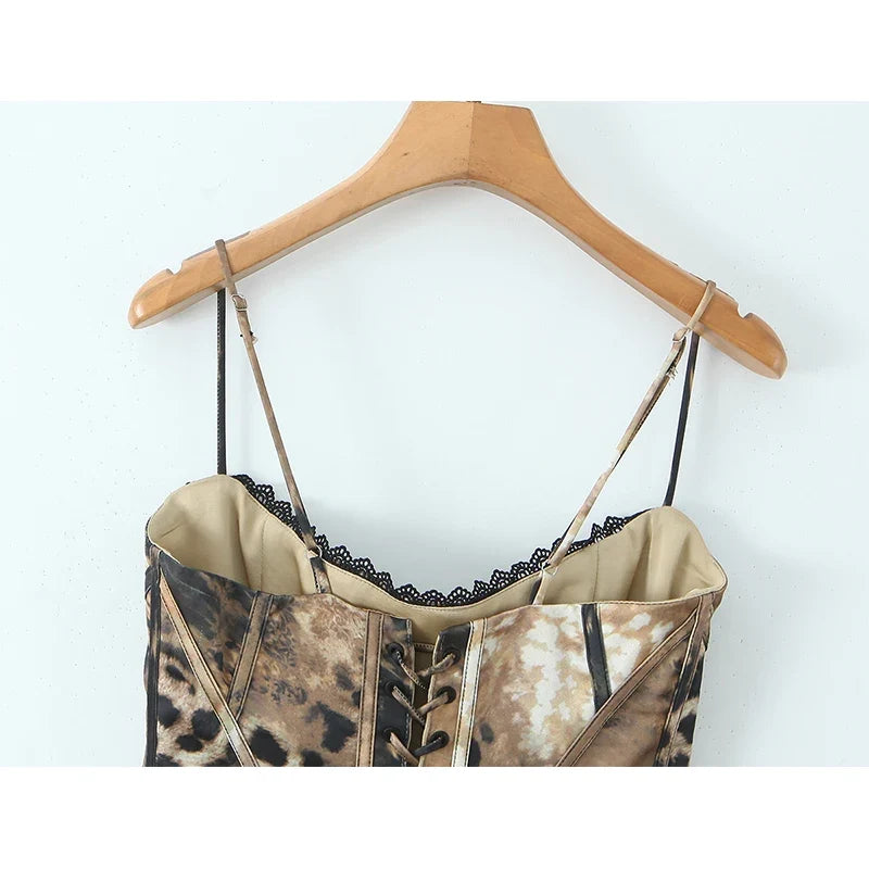 Spice Girls Sexy Leopard Satin Corset Camis Lace Up Bandage Back Fit Slim Y2K Summer Tops For Beach Party Club Streetwear