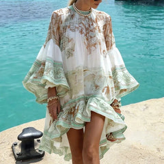 Vacation Style Pattern Printed Flare Sleeve Dresses