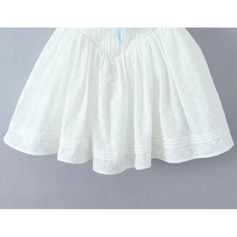 White Holiday Summer Dresses Floral Embroidery Low Waist A-line Sling Mini Dresses
