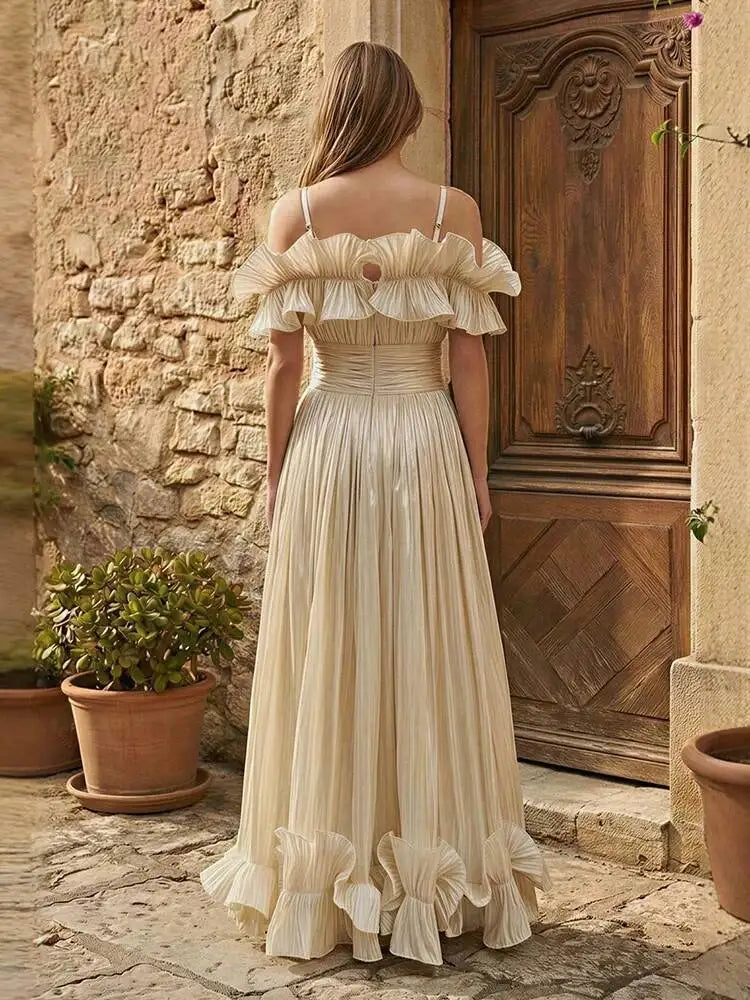 Elegant Slash Neck Lotus Flounced Edge Pleated Waist Dresses