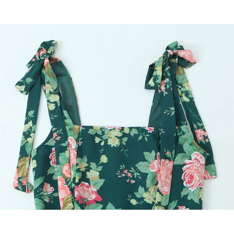 French Style Floral Print Holiday Summer Sleeveless Dresses Sexy Slit Square Neck A-line Midi Dresses