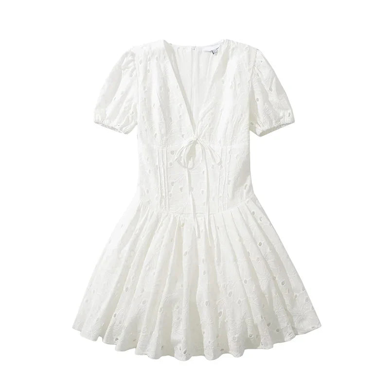 Summer Hollow Out Embroidery Slim White Mini Dresses