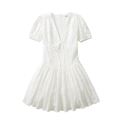 Summer Hollow Out Embroidery Slim White Mini Dresses