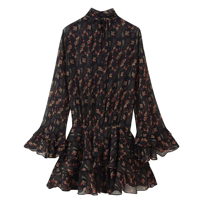 Spring Autumn Long Sleeve High Neck Floral Print Mini Dresses Female Vestidos