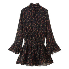 Spring Autumn Long Sleeve High Neck Floral Print Mini Dresses Female Vestidos