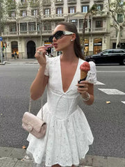 Summer Hollow Out Embroidery Slim White Mini Dresses