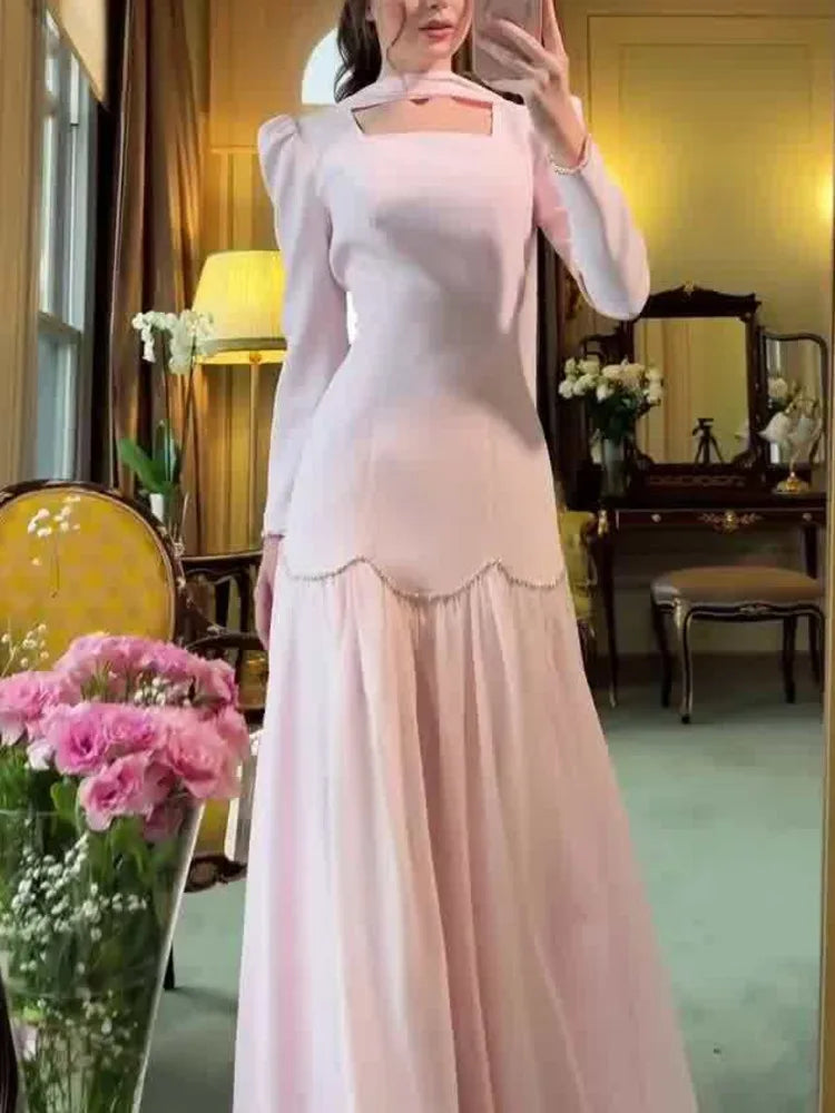 Autumn Square Collar Handmade Diamond Ribbon Long Sleeve Slimming Dresses