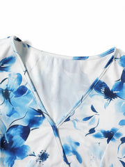 Summer Blue Floral Print Maxi Dress, Elegant Vacation Style Waist Slimming A-Line Casual Party Sundress