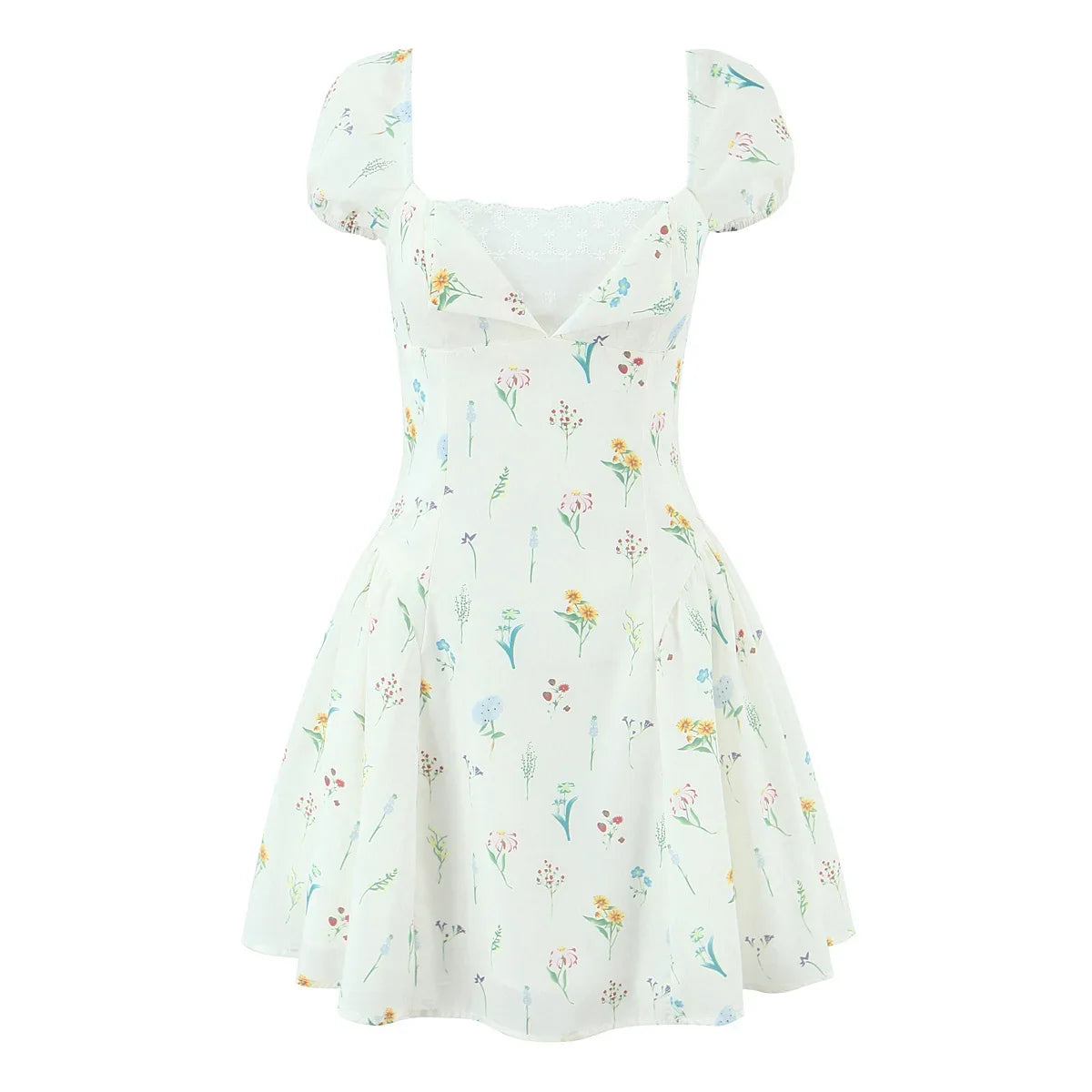 Pretty Girl Sweet Floral Print Summer Dresses Vintage Puff Sleeve A-line Mini Holiday Dresses