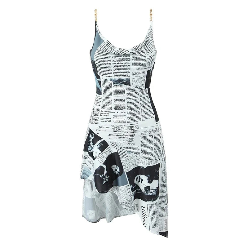 Newspaper Letter Print Irregular Hem Sling Dresses Backless Thin Straps With Chain Summer Sexy Dress