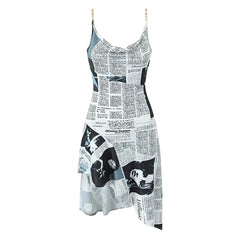 Newspaper Letter Print Irregular Hem Sling Dresses Backless Thin Straps With Chain Summer Sexy Dress