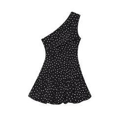 Sweet Girls Slanted Shoulder Polka Dot Mini Dresses