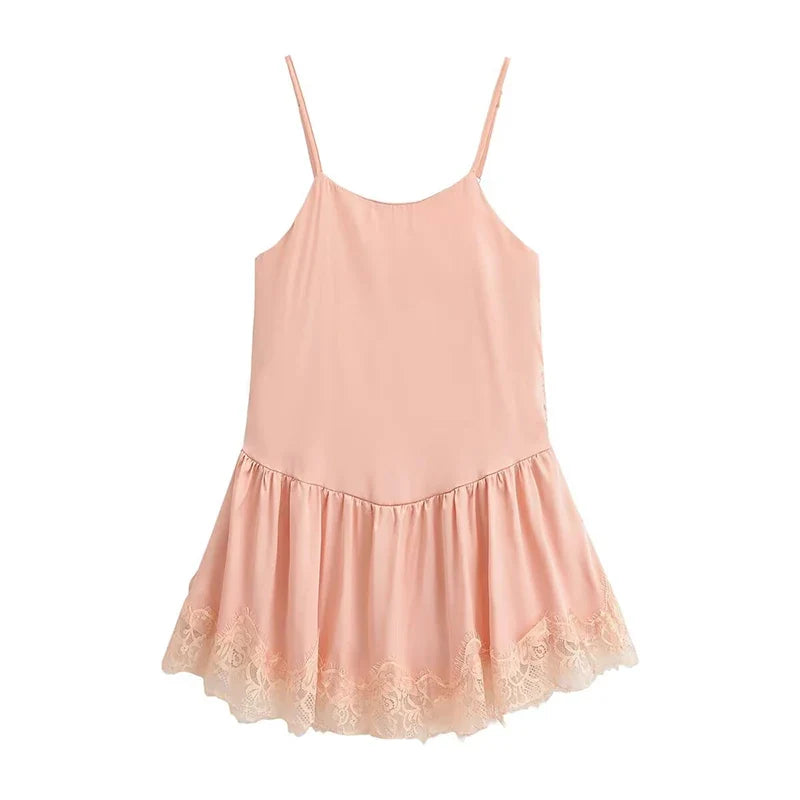 Lace Trim Spaghetti Strap Ruffle Hem Satin Sling Mini Dresses