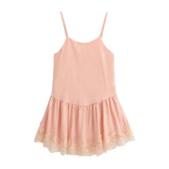 Lace Trim Spaghetti Strap Ruffle Hem Satin Sling Mini Dresses