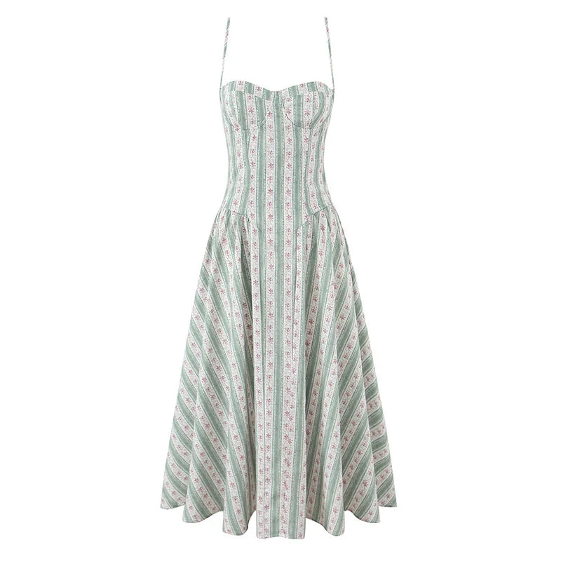 Green Striped Floral Print Sexy Spaghetti Straps Dresses Elegant A-line Midi Vacation Party Dresses Summer Robe