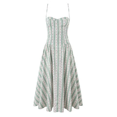 Green Striped Floral Print Sexy Spaghetti Straps Dresses Elegant A-line Midi Vacation Party Dresses Summer Robe