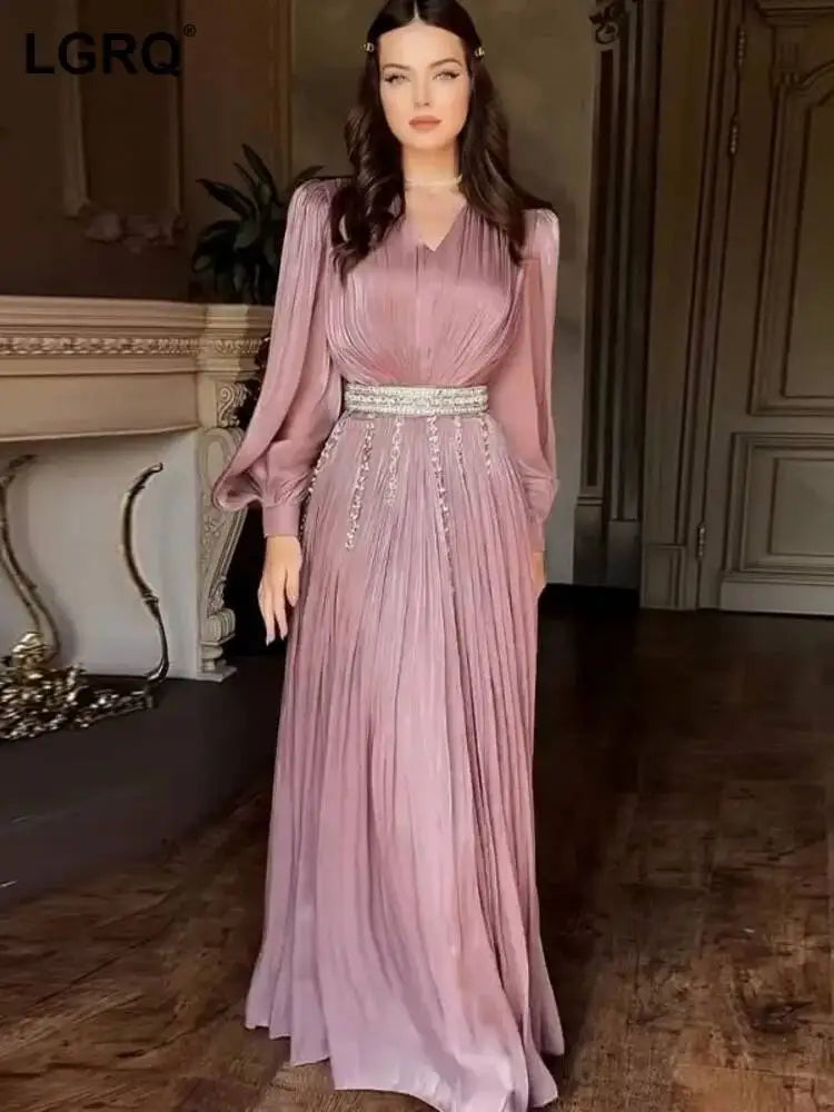 Sexy V-neck Pleated Sheer Long Sleeve Flared Dresses