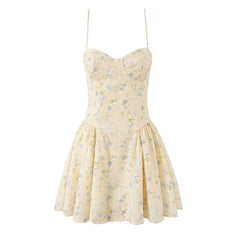 French Yellow Floral Print Sexy Sling Holiday Dresses