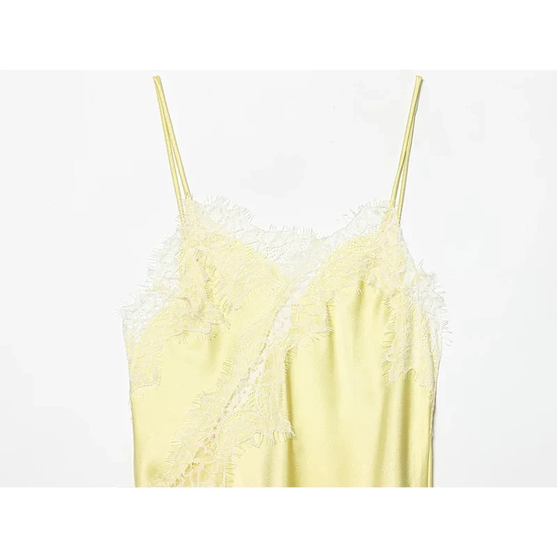 Lace Patchwork Asymmetric Sling Sexy Dresses Yellow Vestidos