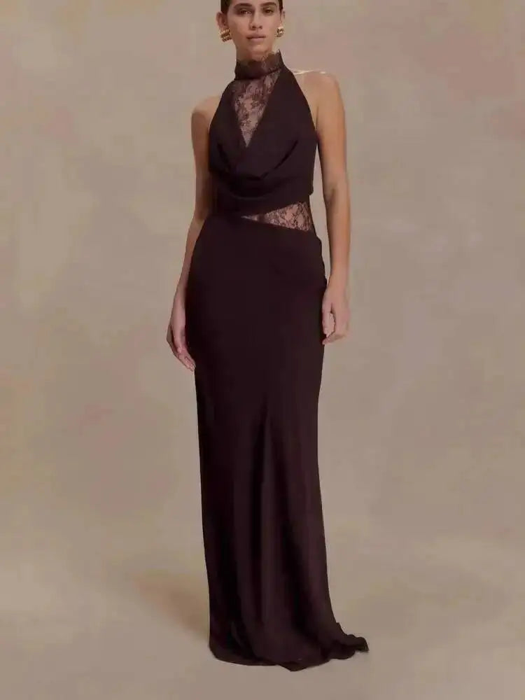 Elegant Halter Neck Sleeveless Lace Spliced Slim Fit Dresses
