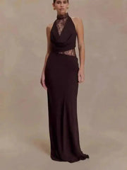 Elegant Halter Neck Sleeveless Lace Spliced Slim Fit Dresses