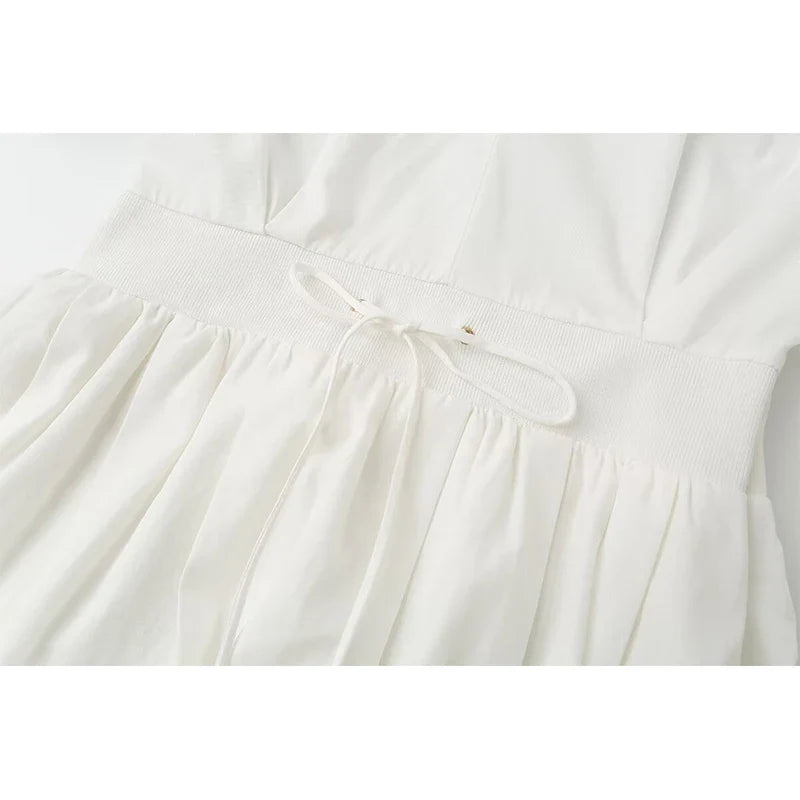 Elegant V-neck Puff Sleeve White Shirt Dresses