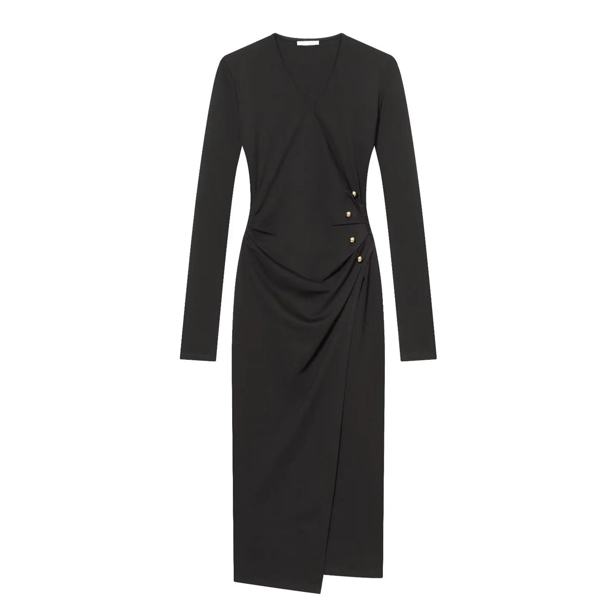 Spring Side Button Draped Pencil Sexy Elegant Dresses Long Sleeve V Neck Black Female Vestidos