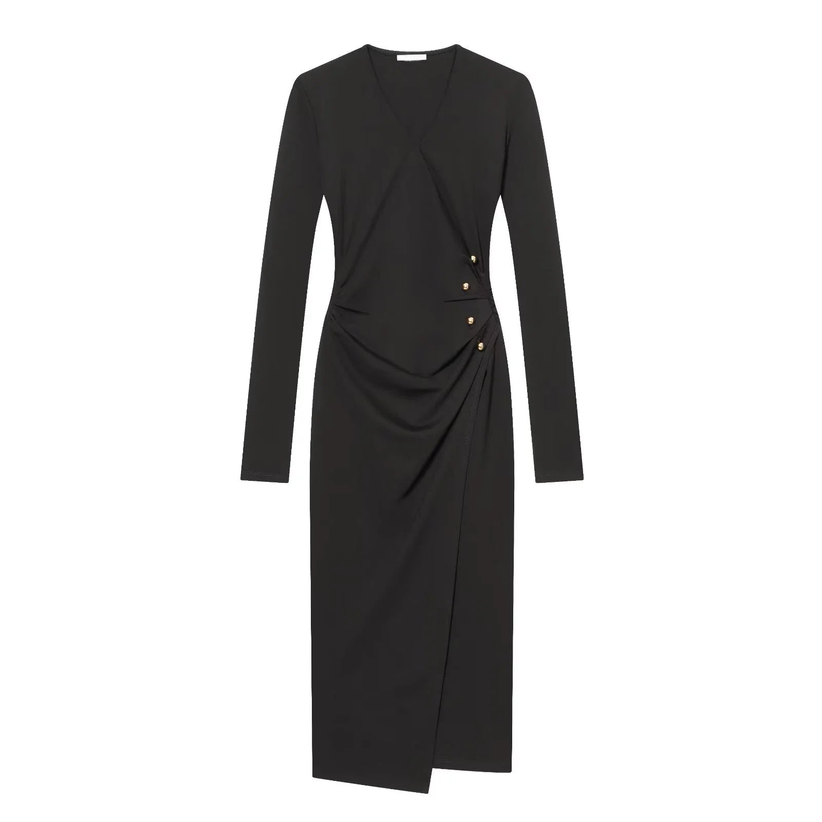 Spring Side Button Draped Pencil Sexy Elegant Dresses Long Sleeve V Neck Black Female Vestidos