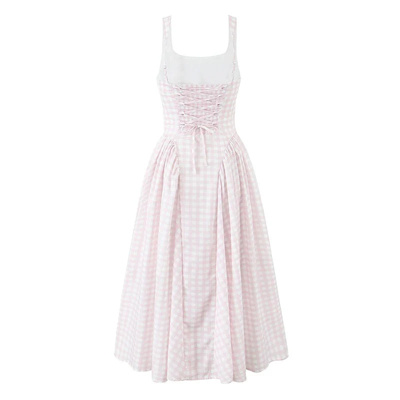 Lace Up Bandage Plaid Sling Dresses