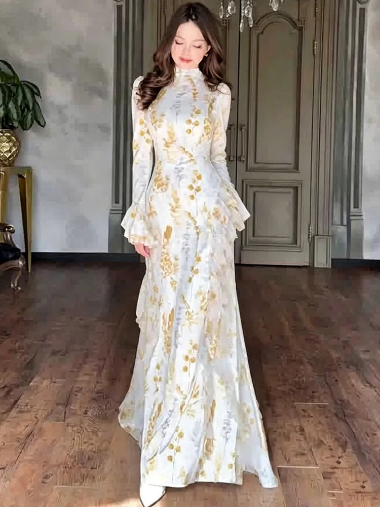 Sweet Printed High Neck Flared Sleeve Ruffle Splicing Dresses