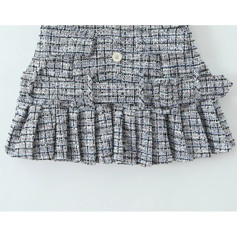 Vintage Plaid Front Button With Belt Pleated Hem Knit Sling Mini Dresses Sexy Robe