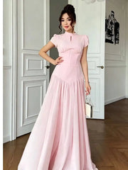 Autumn Stand Up Collar Short Sleeved Waist Cinching Patchwork Dresses