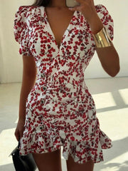 Temperament V-neck Floral Print Mini Dresses