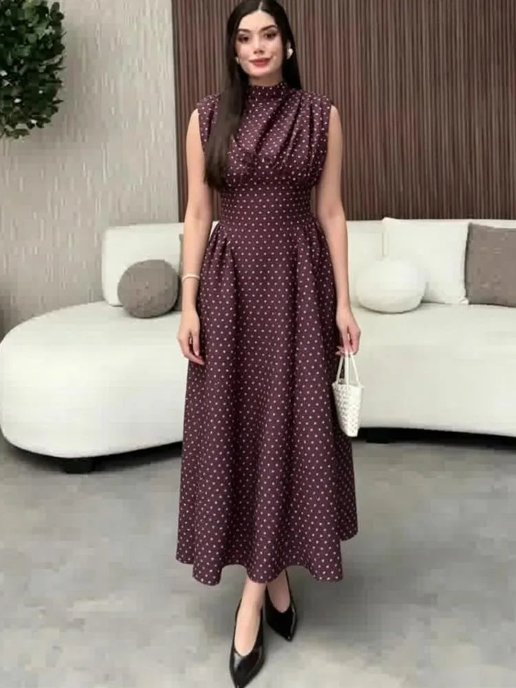 Office Lady Wave Point Stand Up Collar Bandage Sleeveless Waist Cinched Dresses