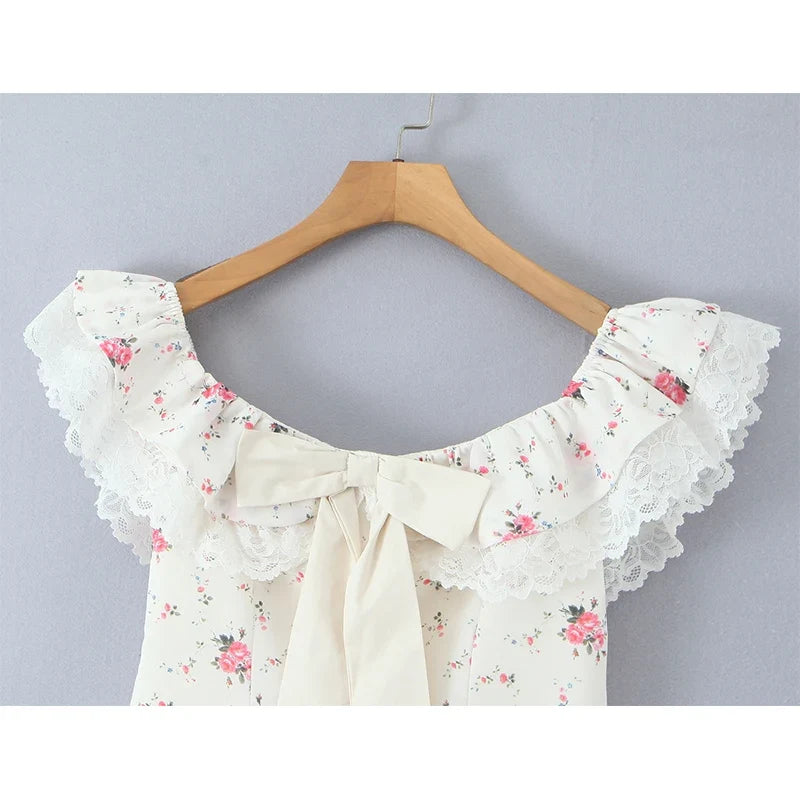 Summer Floral Print Bow Sexy Off Shoulder Dresses Short Sleeve Low Waist Elegant A-line Party Mini Dress