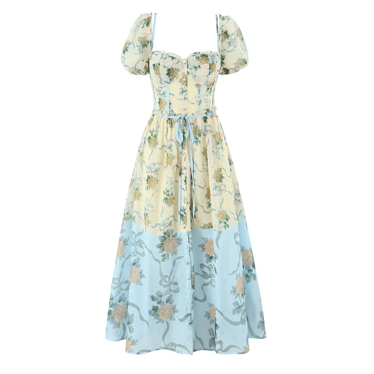Patchwork Floral Print Boho Summer Dresses Vintage Puff Sleeve A-line Midi Chiffon Dresses