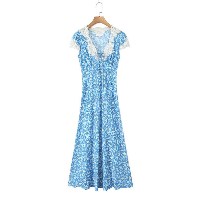 Lace Trim Blue Floral Print Elegant Summer Long Dresses